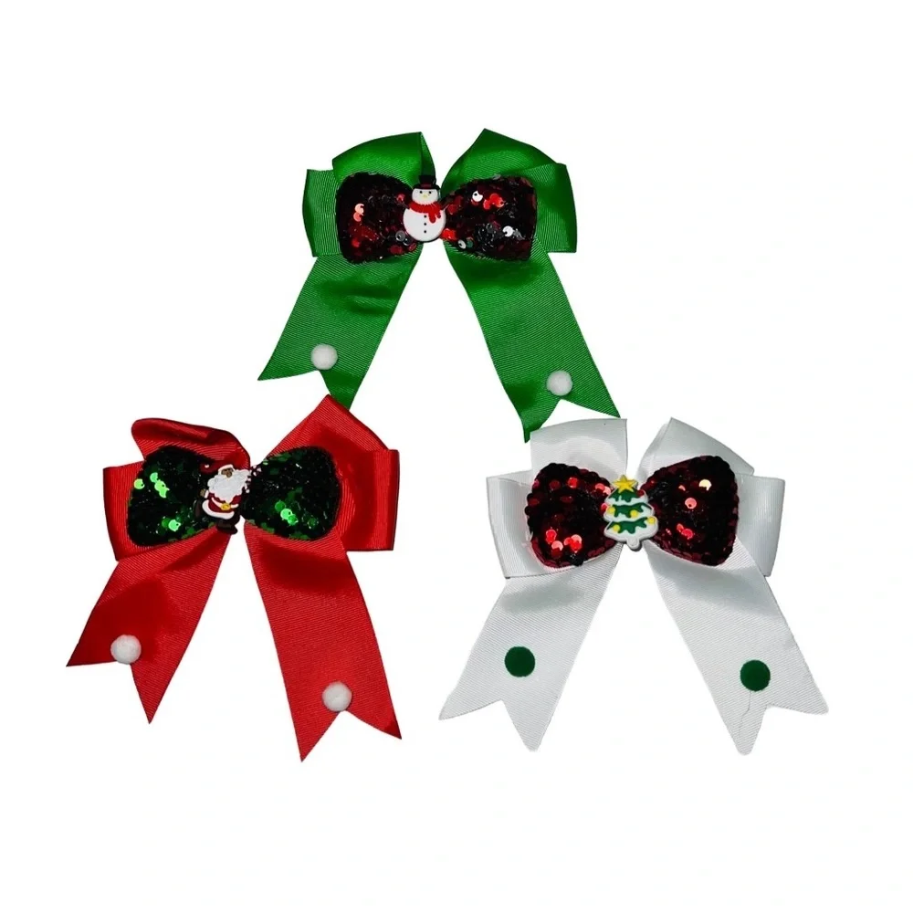 Hair Bow Jumbo XMAS Sequin Double Layered Tree Grosgrain Bow-tie Set of 3 New - Picture 1 of 4